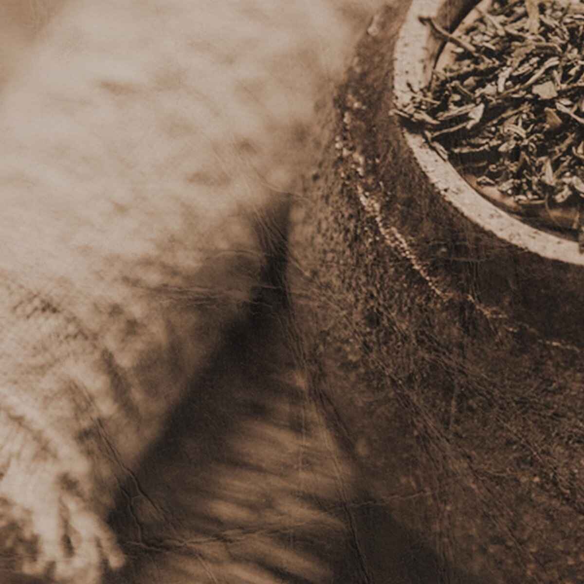 Dry tea leaves in a wooden bowl next to a piece of linen fabric, representing the work of Wheelhouse, a holistic health and healing studio opening in Lisbon, Portugal.